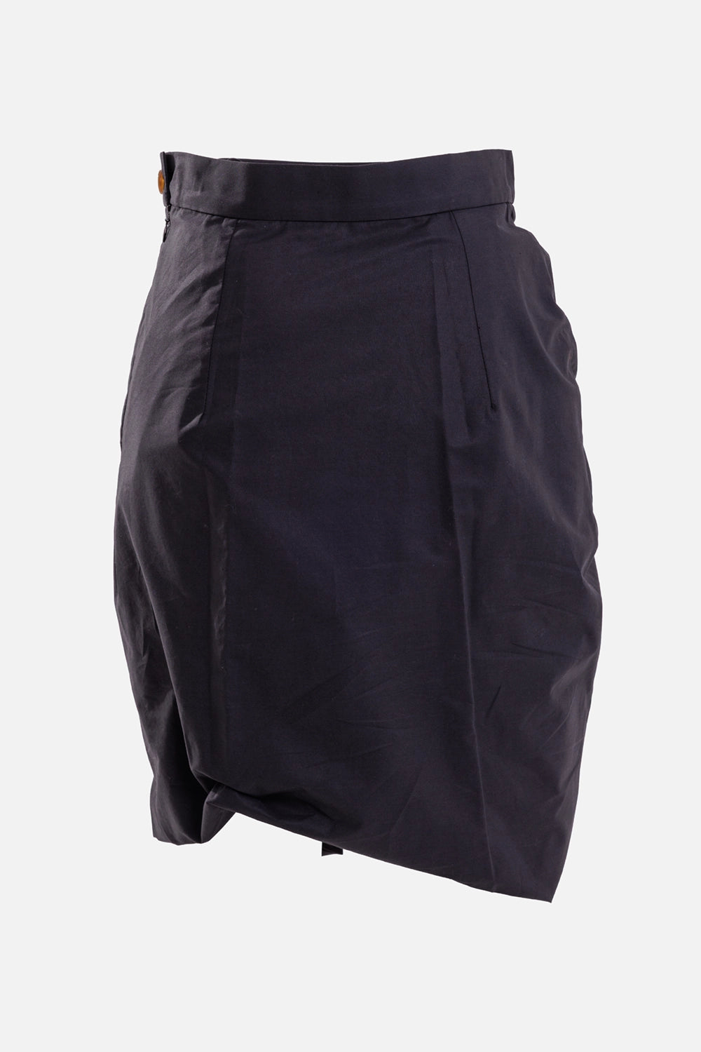 Vivienne Westwood women's black mini skirt, back view with waist darts, clean paneling and asymmetric hem