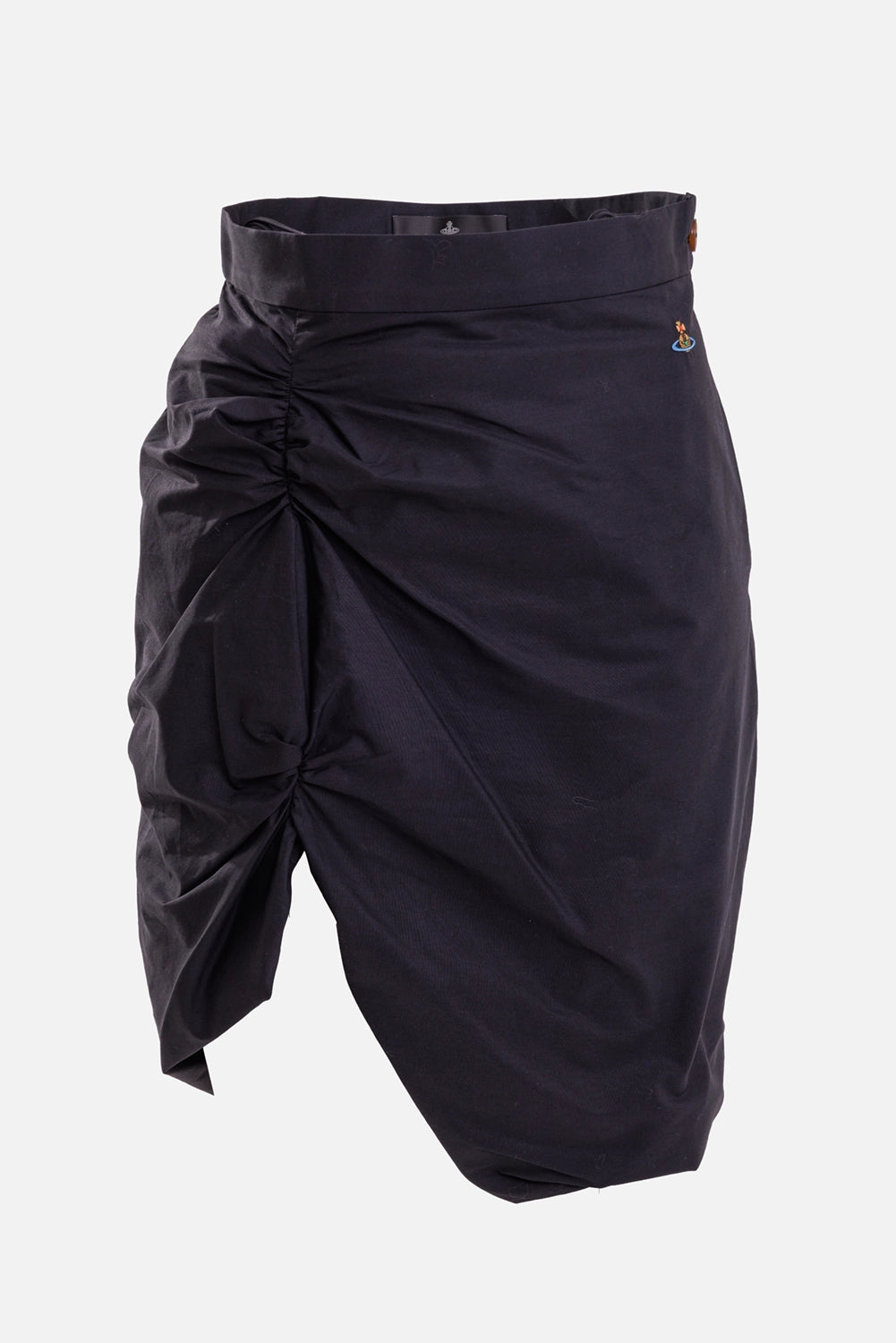 Vivienne Westwood women's black mini skirt, front view with side ruching, Orb embroidery and asymmetric slit