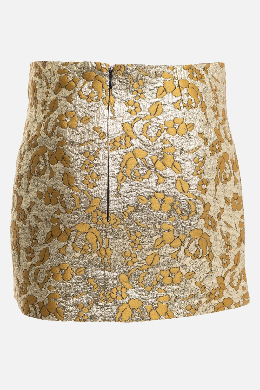 DES PHEMMES women's mini skirt in gold and olive, back view, metallic floral jacquard and zip closure