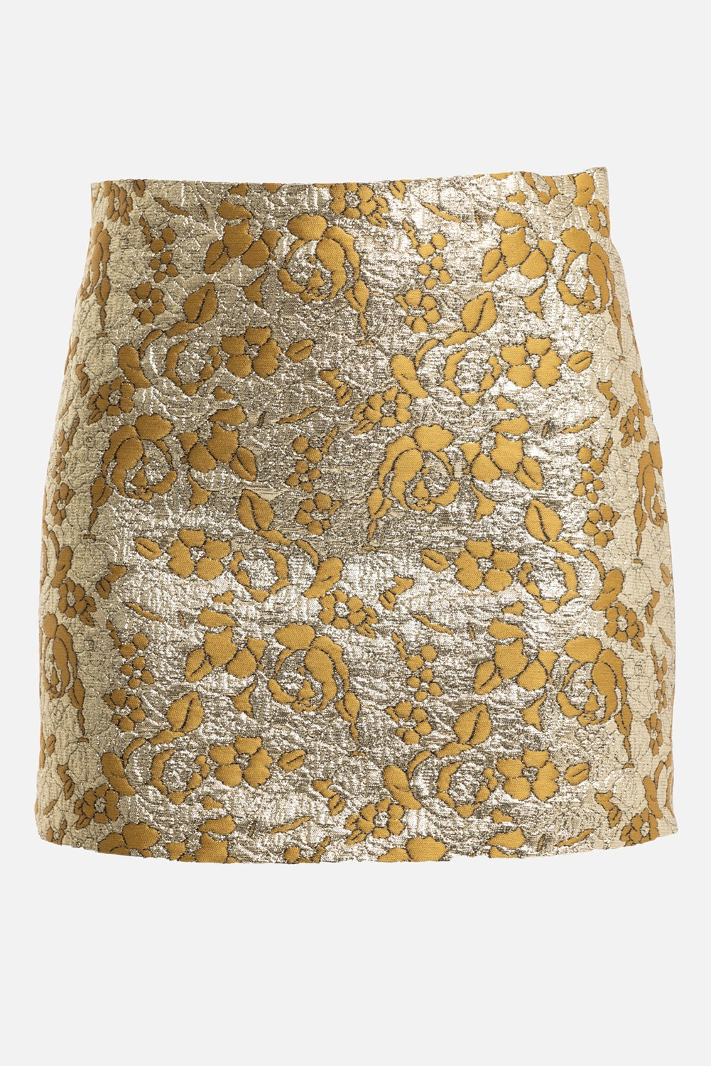DES PHEMMES women's mini skirt in gold and olive, front view, metallic floral jacquard and clean waistband