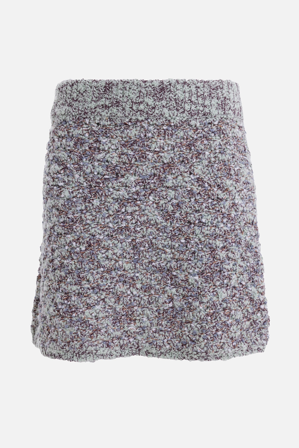 By Malene Birger women's mini skirt in Seacrest, front view with flecked bouclé texture and ribbed waistband
