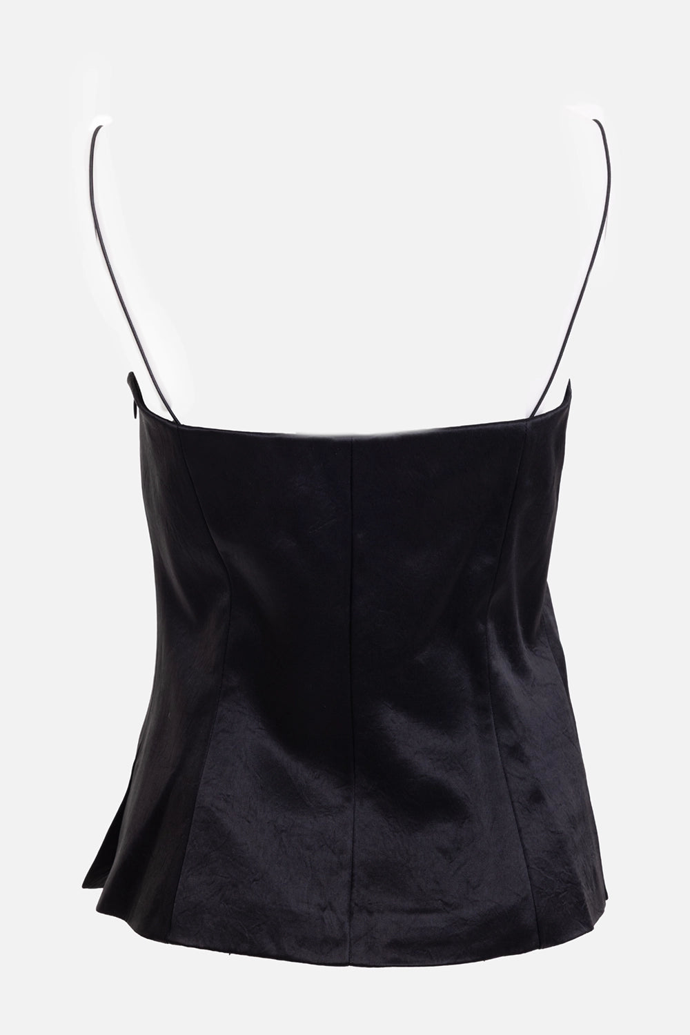Helmut Lang women’s slip top in black, back view, thin straps and vertical panel seams