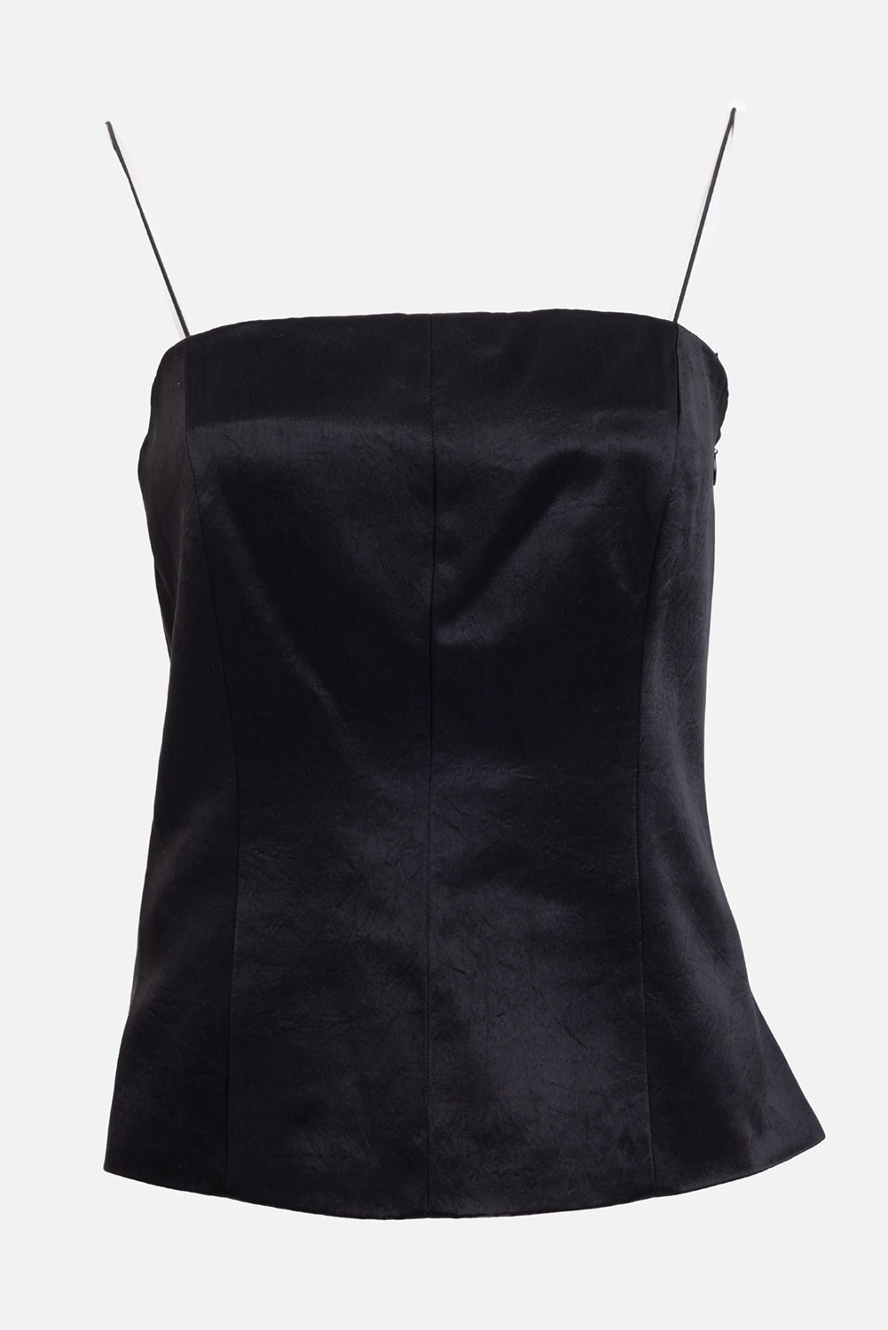 Helmut Lang women’s slip top in black, front view, square neckline and thin bungee straps