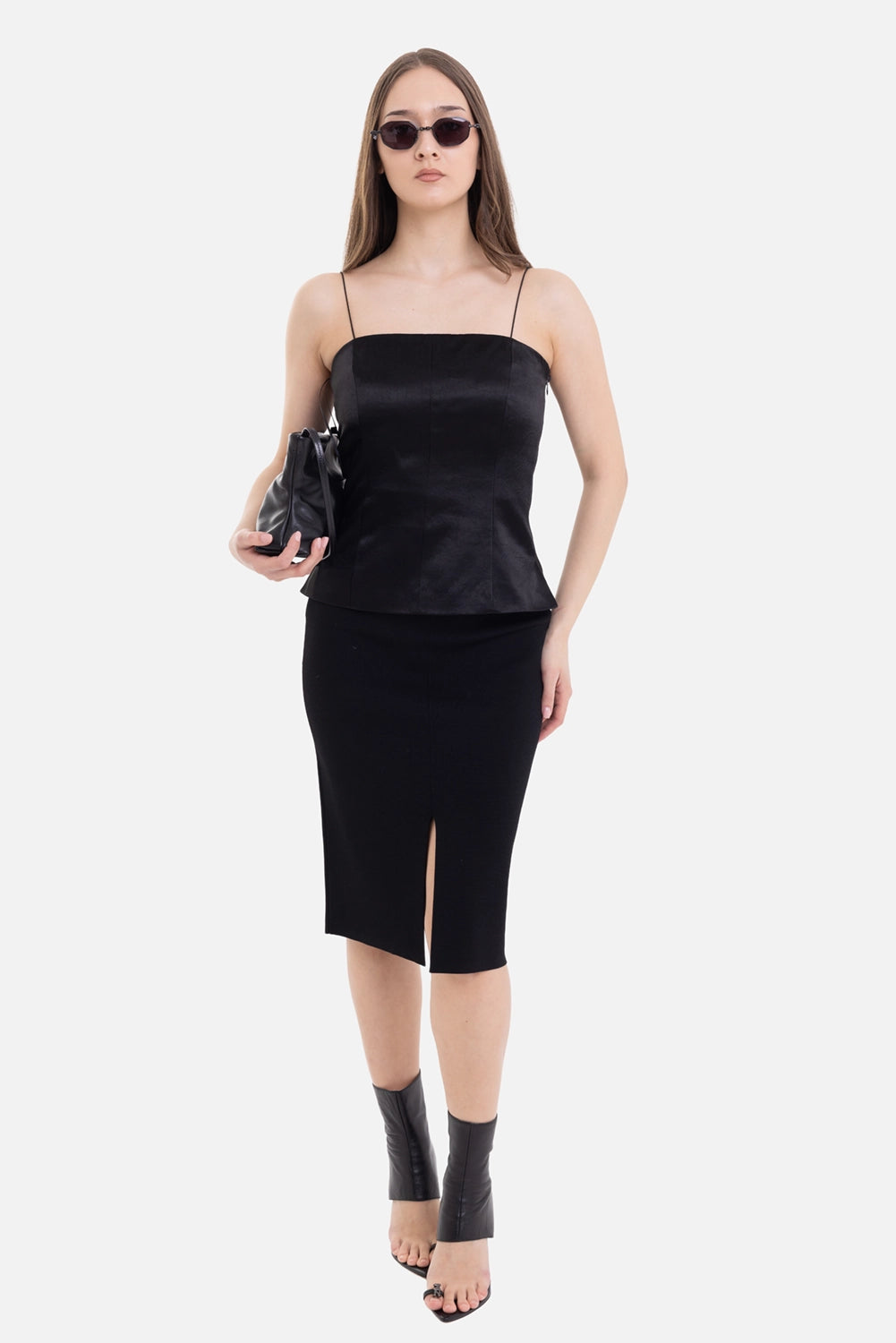 Helmut Lang women’s slip top in black, on-model full-length view, square neck and fitted satin body