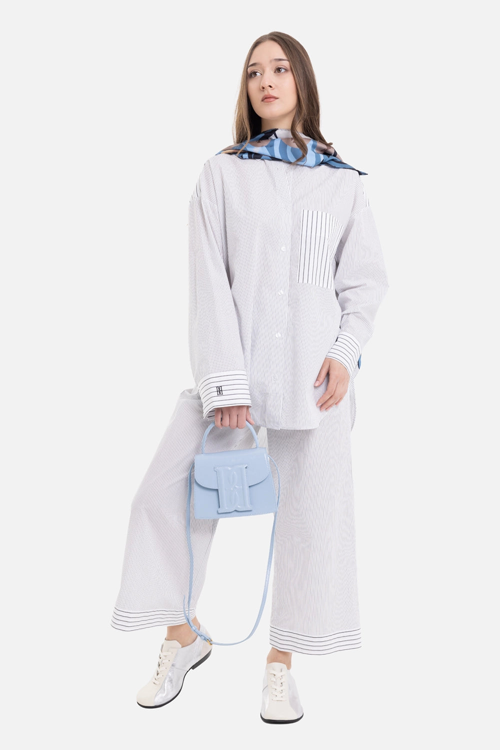 By Malene Birger women's Mirabello trousers in white stripe, on-model full-length with matching shirt and cropped hems