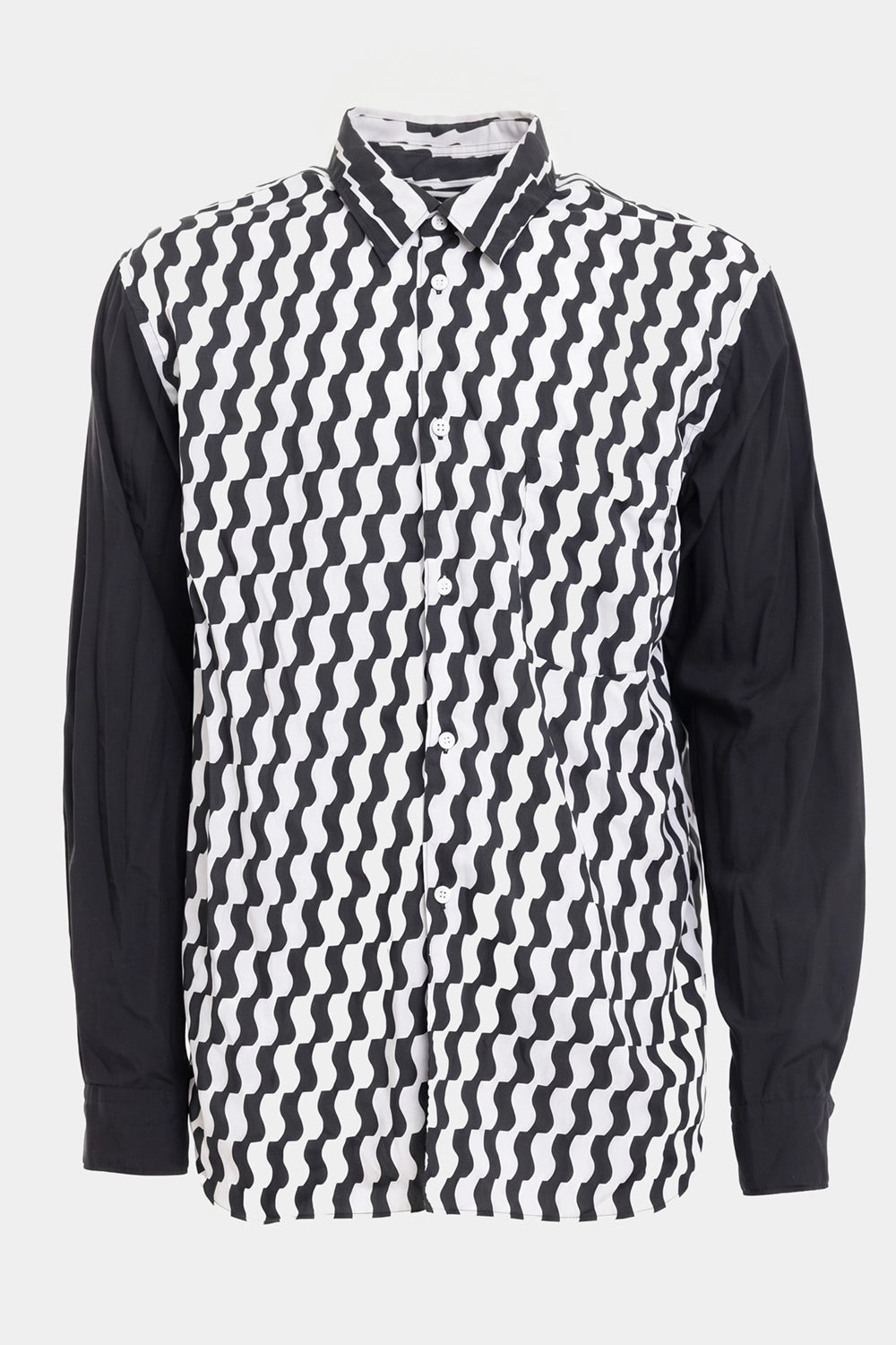 Comme des Garçons Homme Plus men's shirt in white/black, front view with button placket and chest pocket