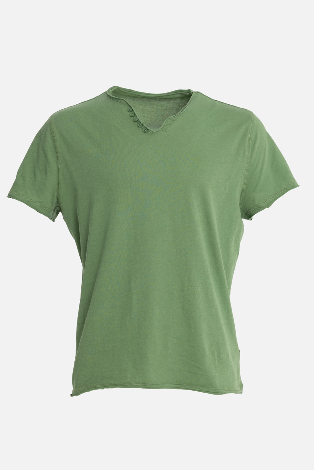 Zadig&Voltaire men's Henley T-shirt in green verbena, front view, five-button neckline and raw edges