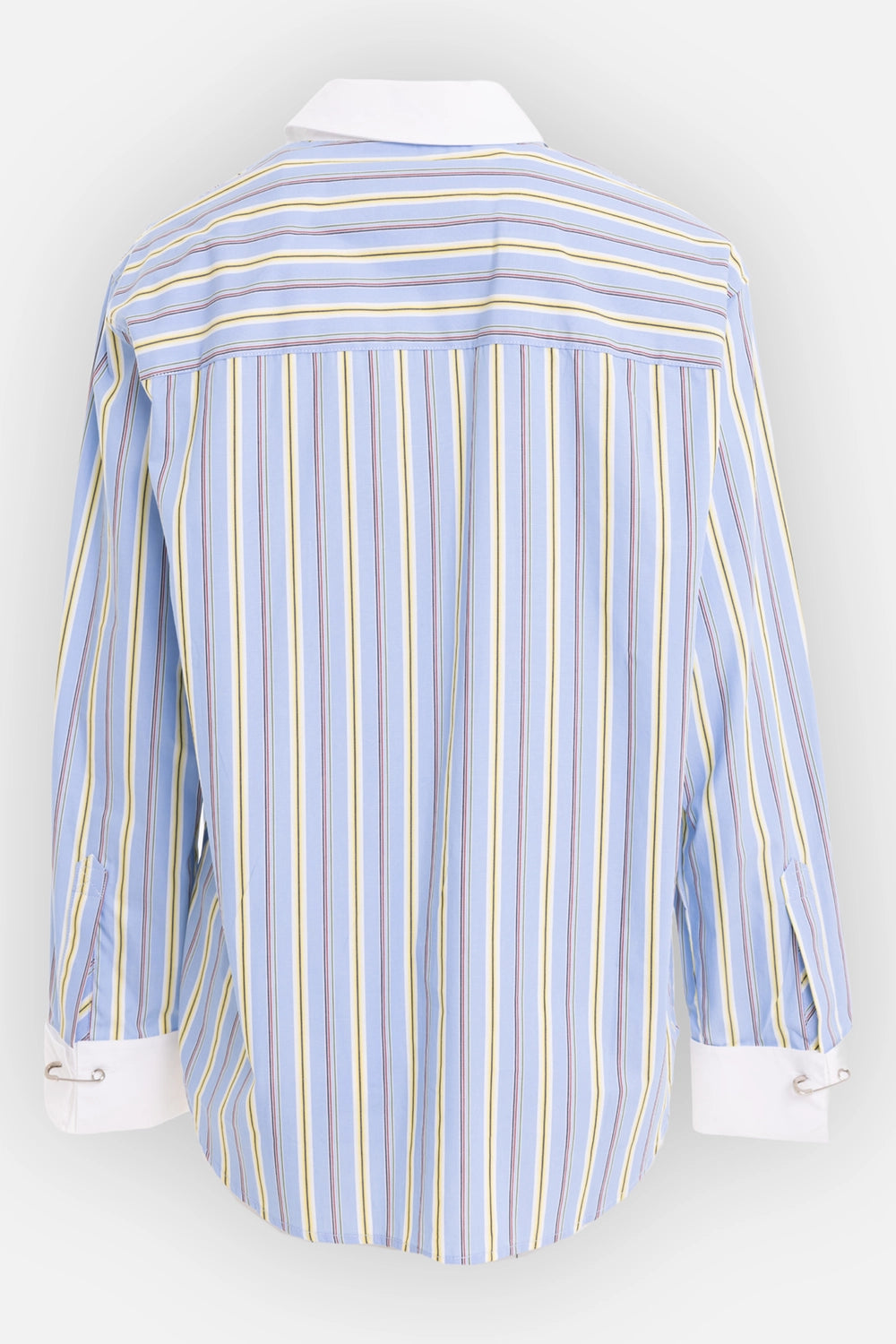 Zadig&Voltaire women's striped poplin shirt in blue Sixtine, back view with striped yoke and box pleat