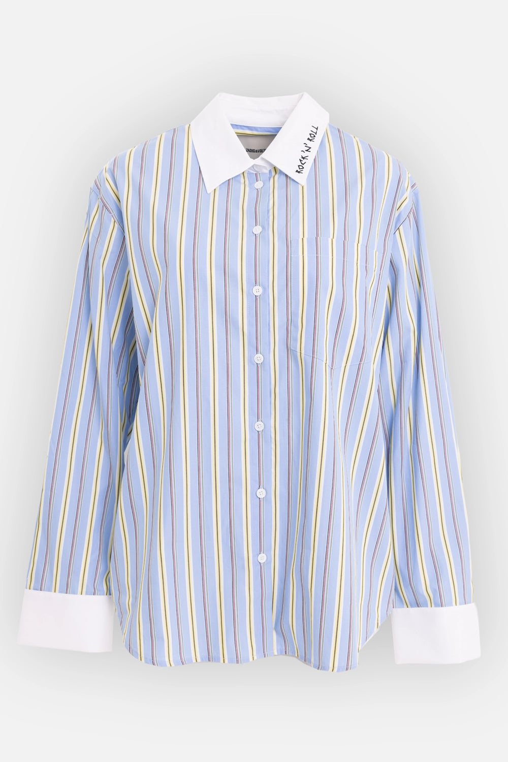 Zadig&Voltaire women's striped poplin shirt in blue Sixtine, front view with chest pocket and button placket