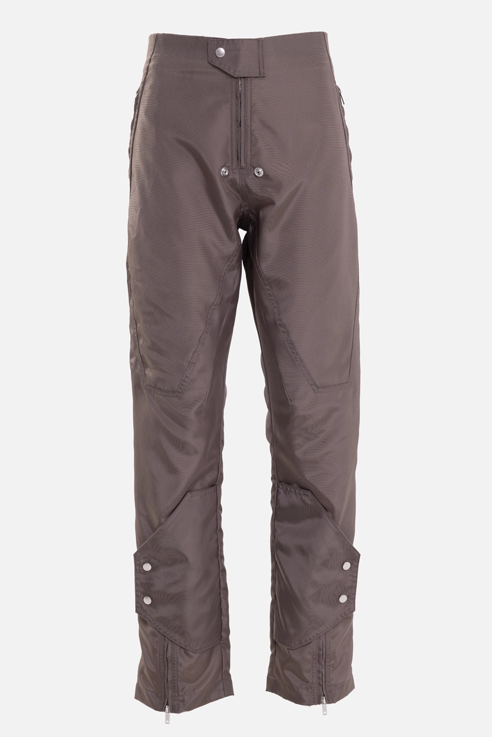 Rick Owens women's Motopants in Dust, front view, zip fly, snap tab and angled thigh panels