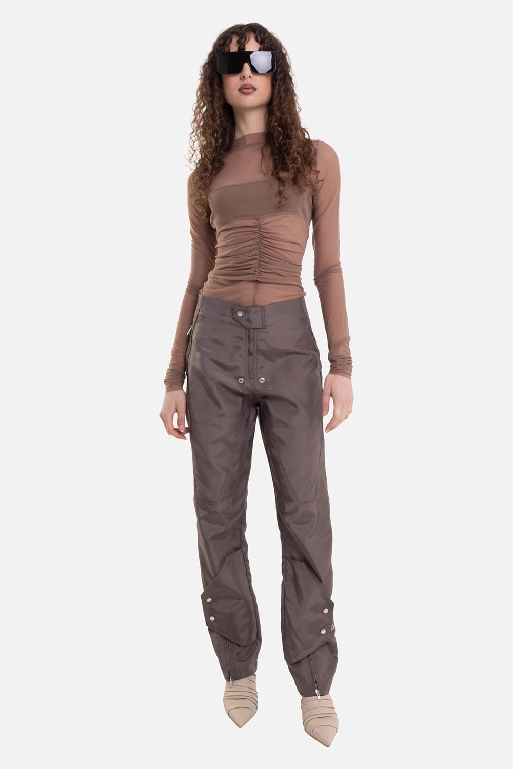 Rick Owens women's Motopants in Dust, on-model full-length view, snap shin flaps and silver ankle zips