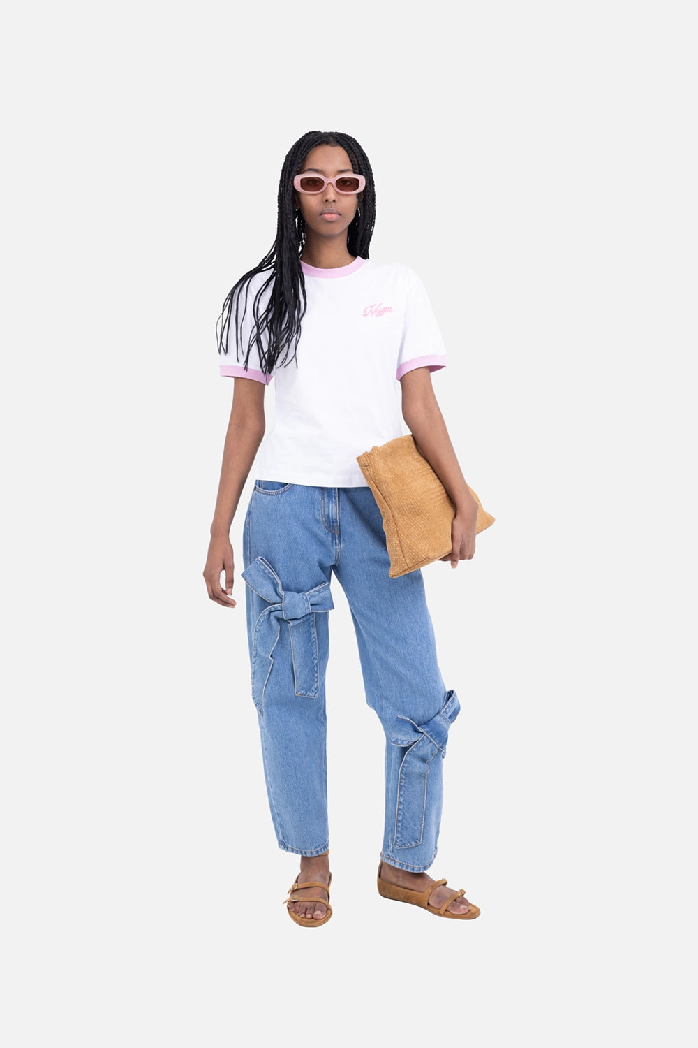 White MSGM ringer T-shirt with pink trims, on-model fit