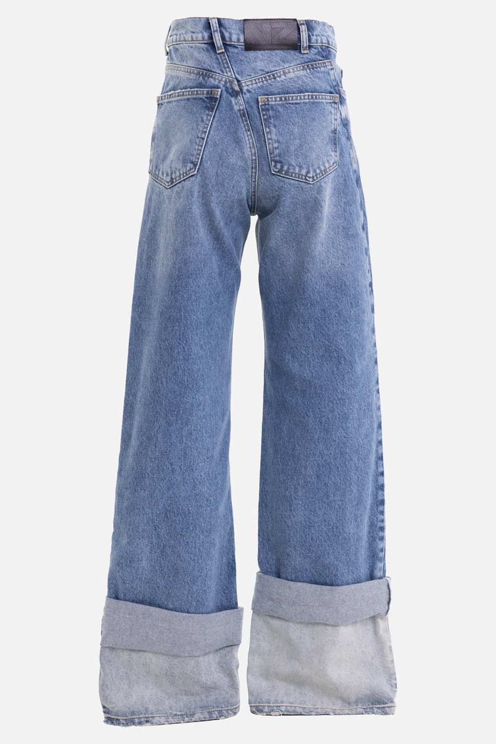 Natasha Zinko unisex jeans in light wash, back view, black logo patch and rear patch pockets