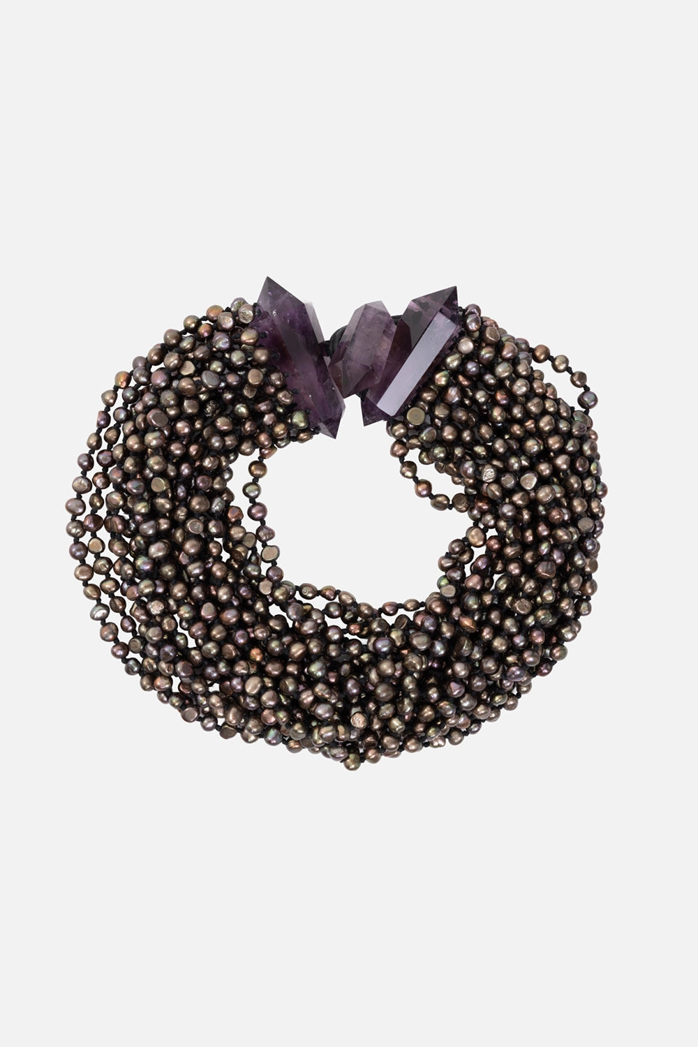 Monies women's multi-strand necklace in amethyst and black, front view, dense dark pearl strands with amethyst points.