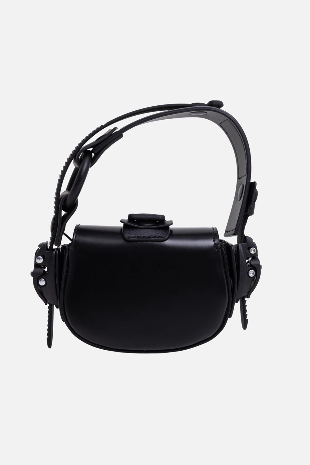 INNERAUM Berlin unisex nano crossbody bag in black, back view, smooth flap and articulated top handle