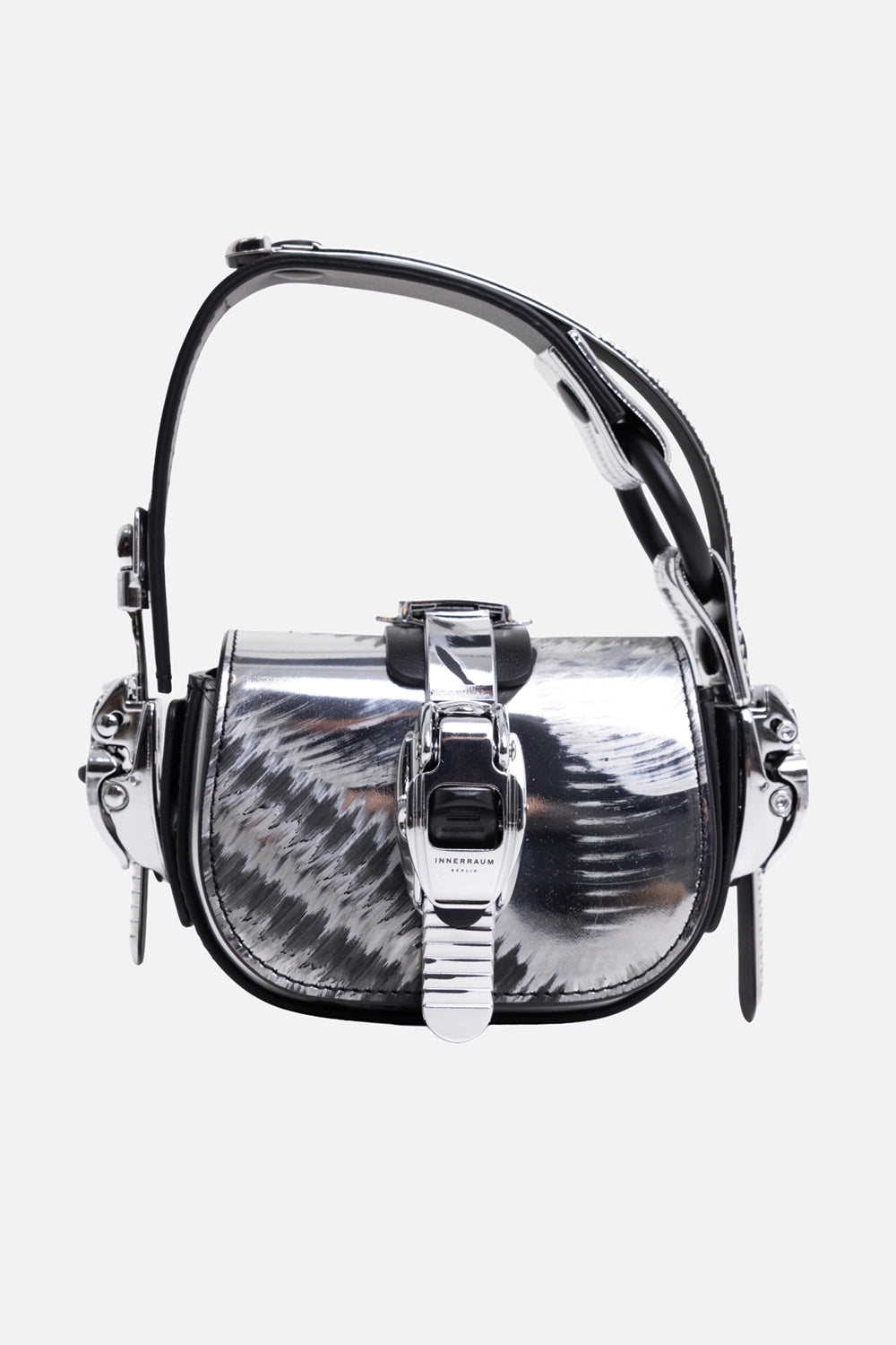 Innerraum women's nano bag in distressed silver, front view with buckle clasp and curved flap