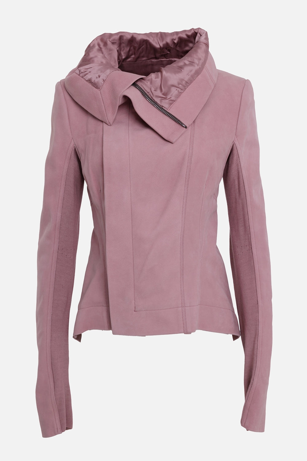 Rick Owens women's Naska biker jacket in dusty pink, front view, raised collar and off-centre zip