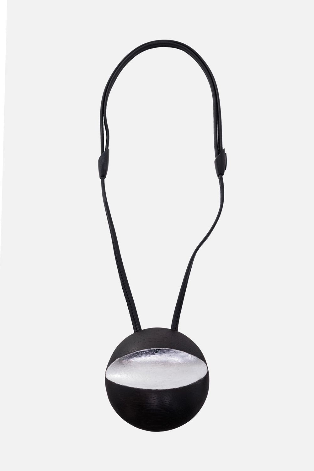 Monies women's necklace in black/silver, front view, round pendant with slim black cord