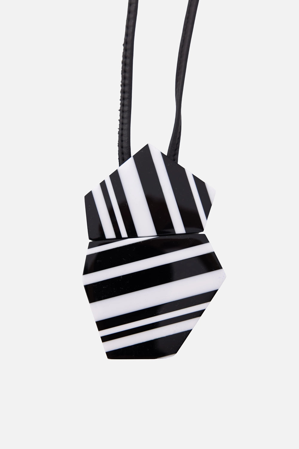 Monies women's necklace in black/white, pendant detail, striped faceted acrylic plaques on black cord