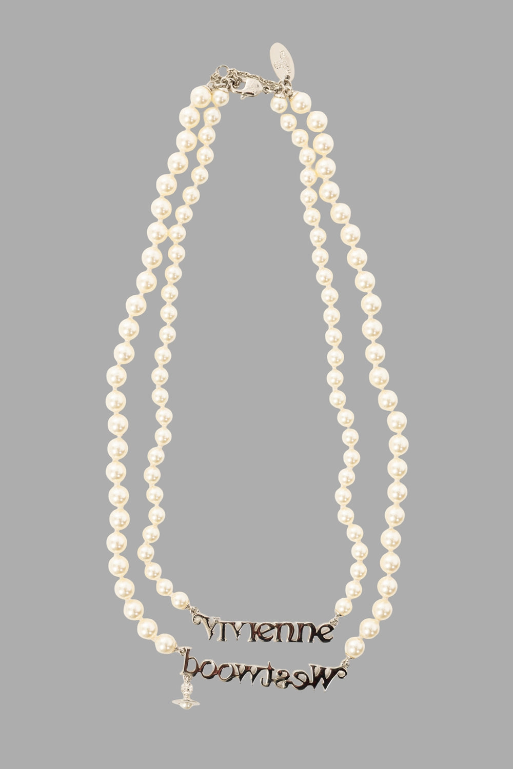 Vivienne Westwood women’s necklace in Platinum/Cream, front view, double-row pearls with script logo and Orb charm