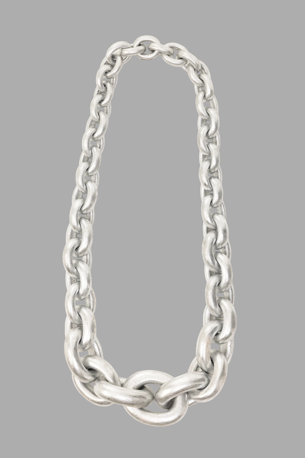 Monies women chain necklace in silver, front view, oversized links with matte silver-foil finish.
