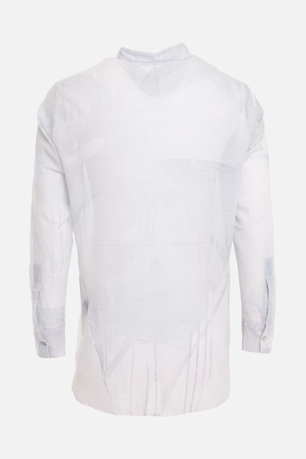 Masnada men's Nihao shirt in white-grey, back view, semi-sheer fabric and faint vertical stripes