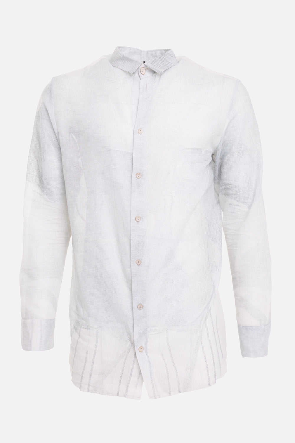Masnada men's Nihao shirt in white-grey, front view, sheer cotton and pale abstract print