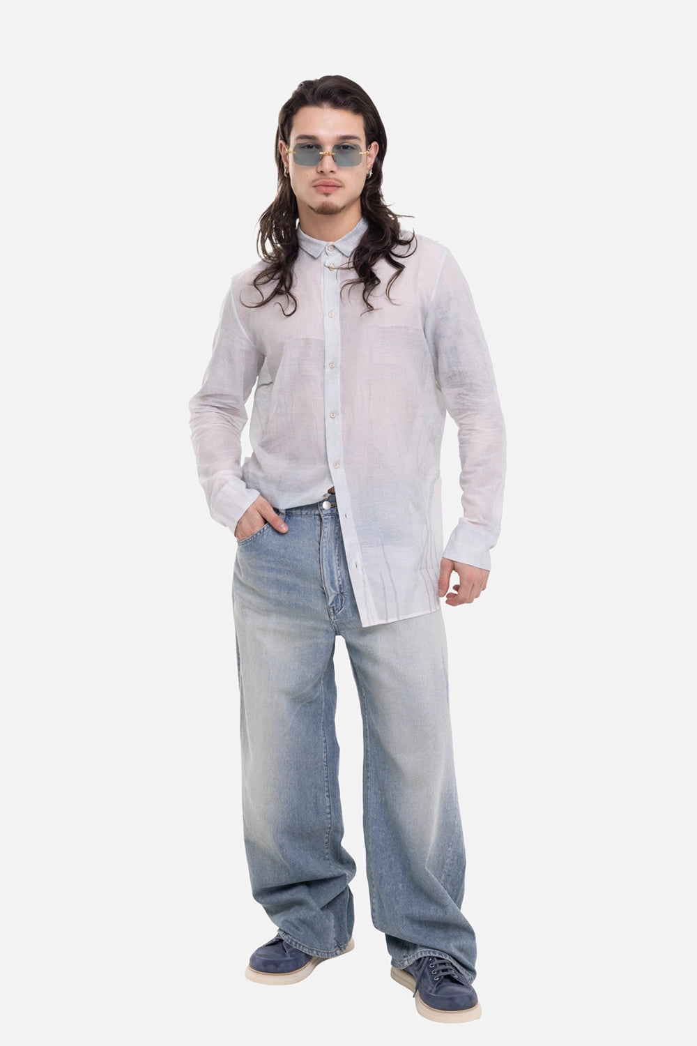 Masnada men's Nihao shirt in white-grey, on-model full-length view, button front and light transparency