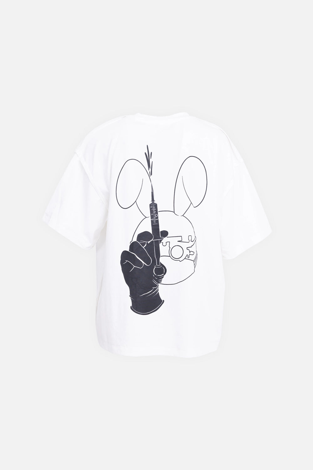 NZ white T-shirt with robot bunny graphic print on back