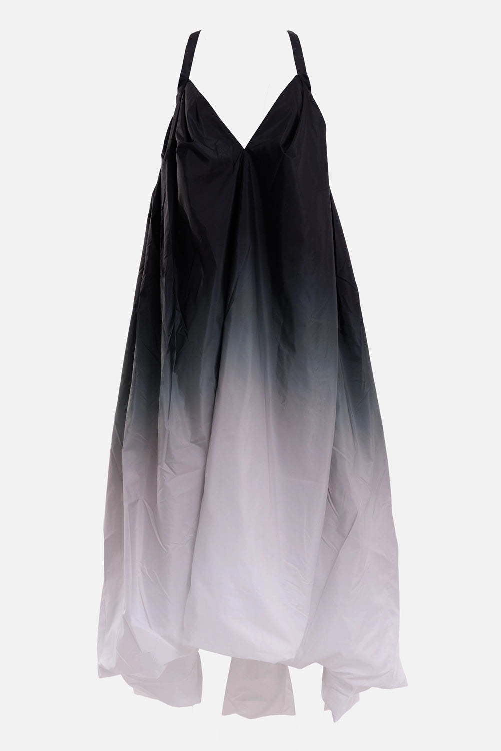 Norma Kamali women's ombre bubble dress in black and white, front view with shoulder straps and gathered bubble hem