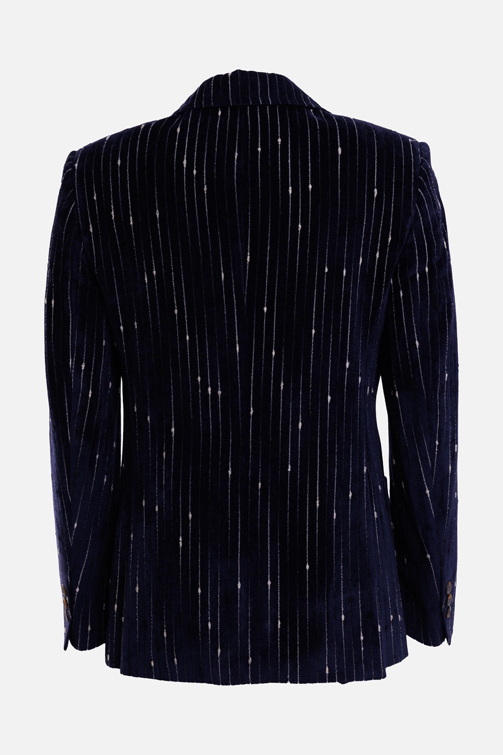 Vivienne Westwood men's blazer in navy and white, back view with structured shoulders and vertical stripes