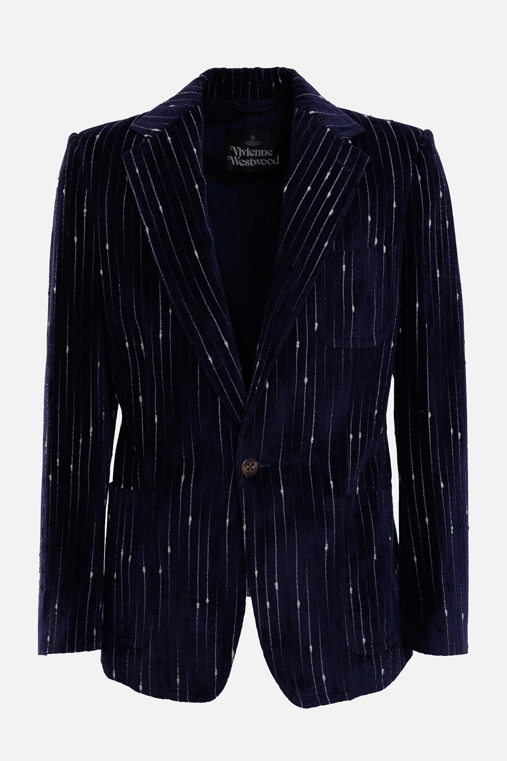 Vivienne Westwood men's blazer in navy and white, front view with one-button closure and three patch pockets