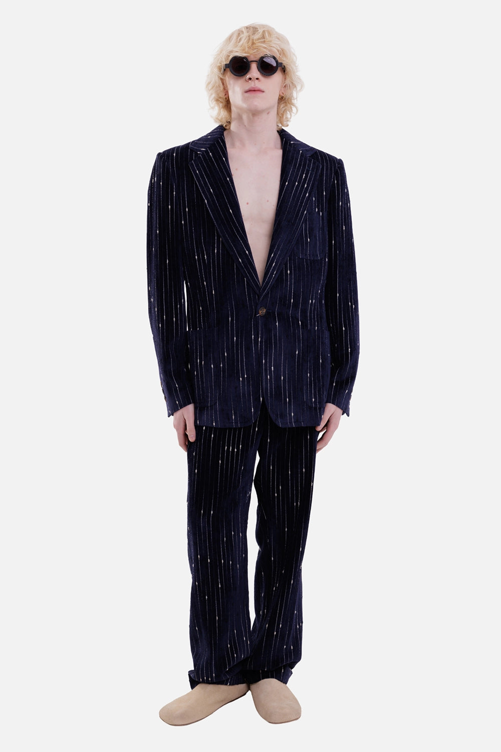 Vivienne Westwood men's blazer in navy and white, full-length view with peak lapels and distressed stripes