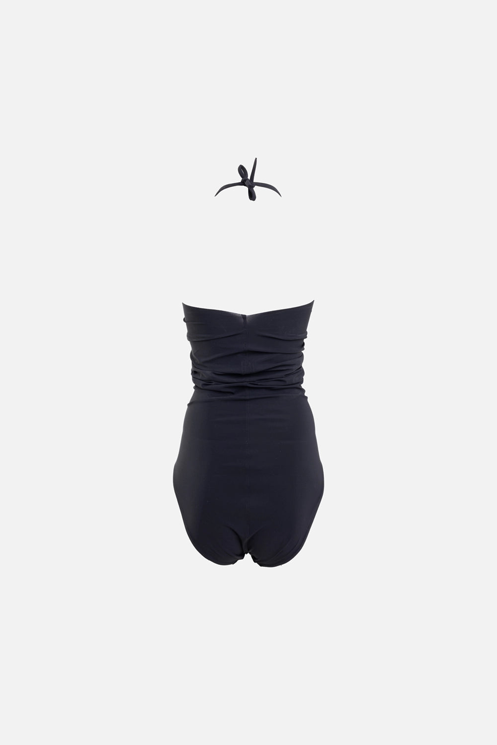 Rick Owens womens one-piece swimsuit in black, back view, halter tie closure with high-rise brief coverage