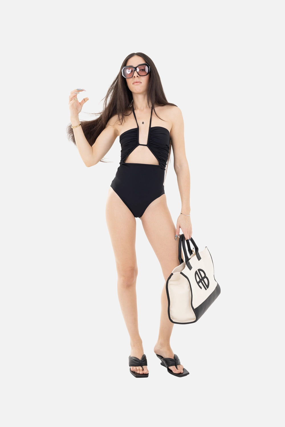 Rick Owens womens one-piece swimsuit in black, on-model full-length, halter straps with ruched bust and front cutout