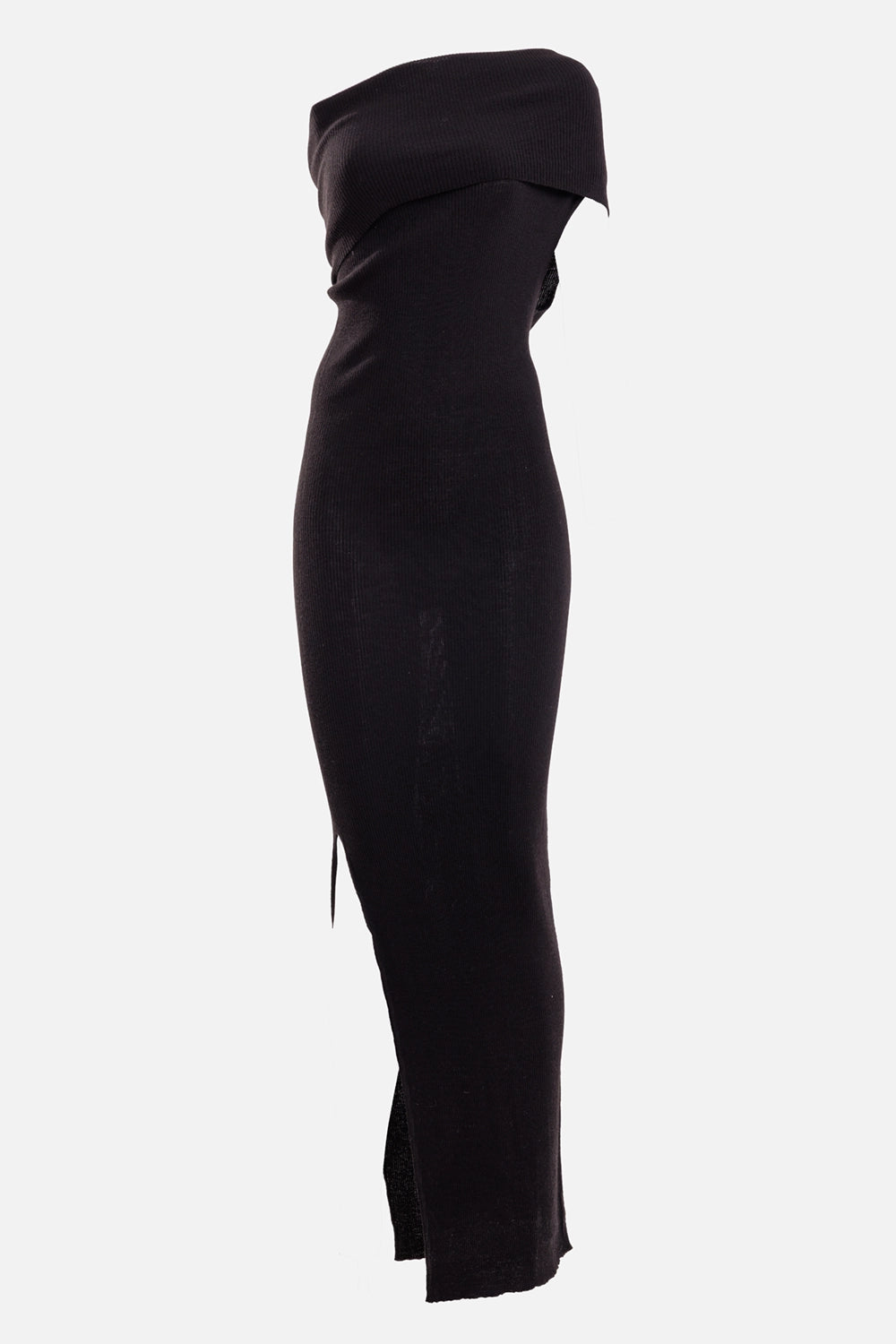 Rick Owens women's black ribbed wool maxi dress, three-quarter view with asymmetric neckline and long side slit