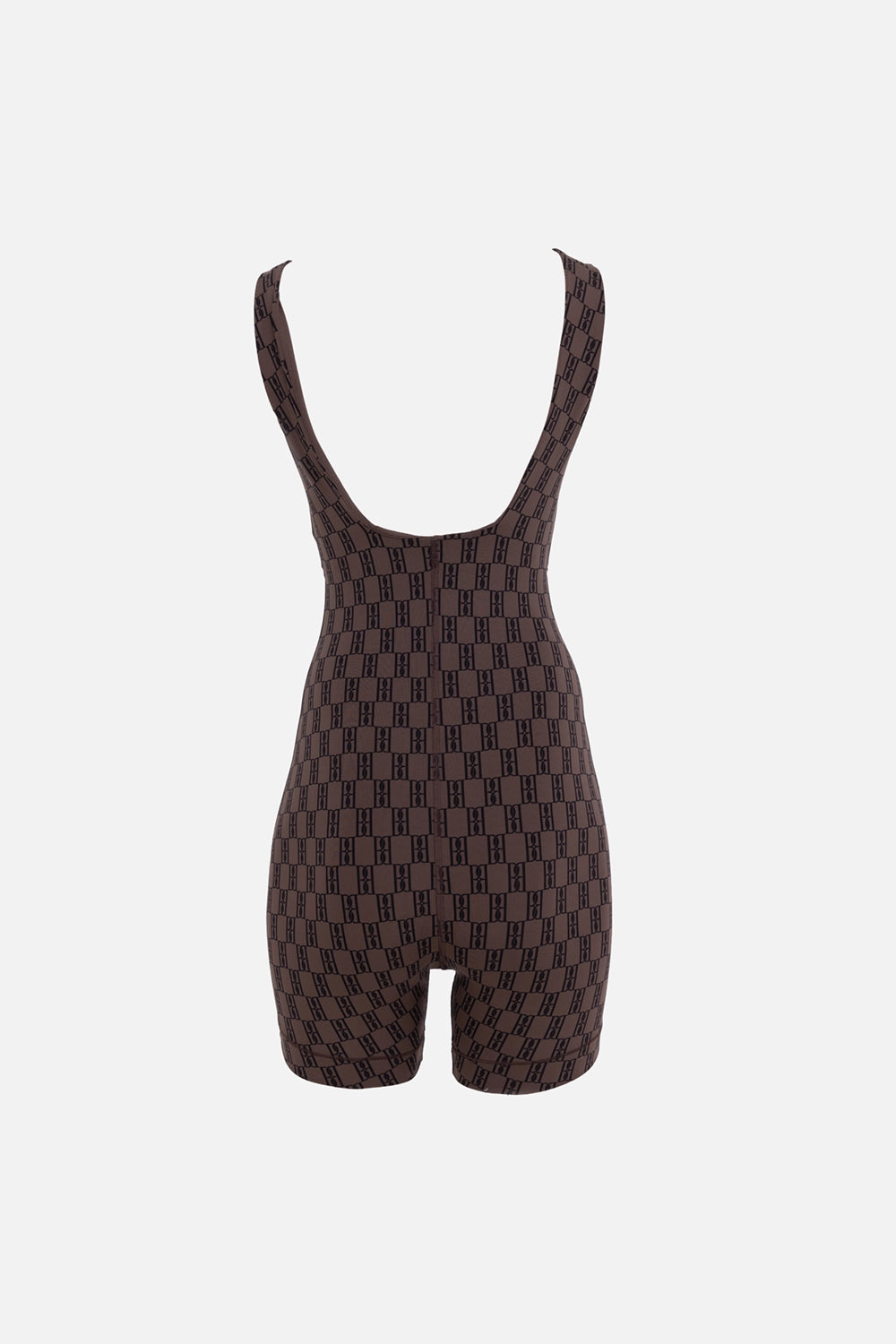 By Malene Birger women's onesie in dark mahogany, back view, wide straps and monogram jacquard