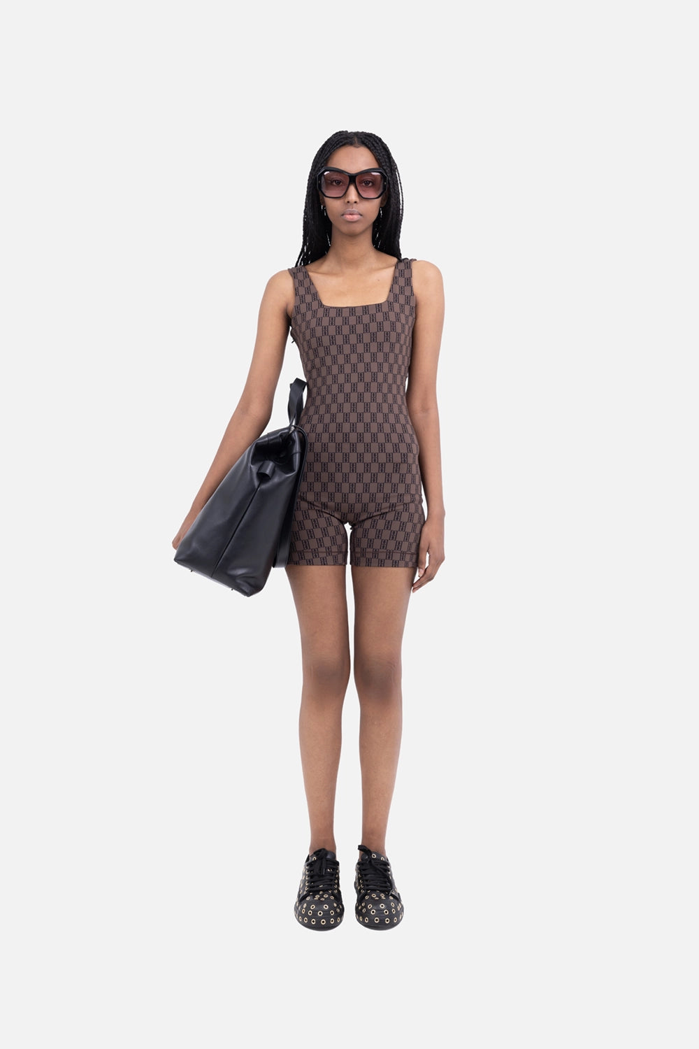 By Malene Birger women's onesie in dark mahogany, on-model full-length view, square neckline and monogram print