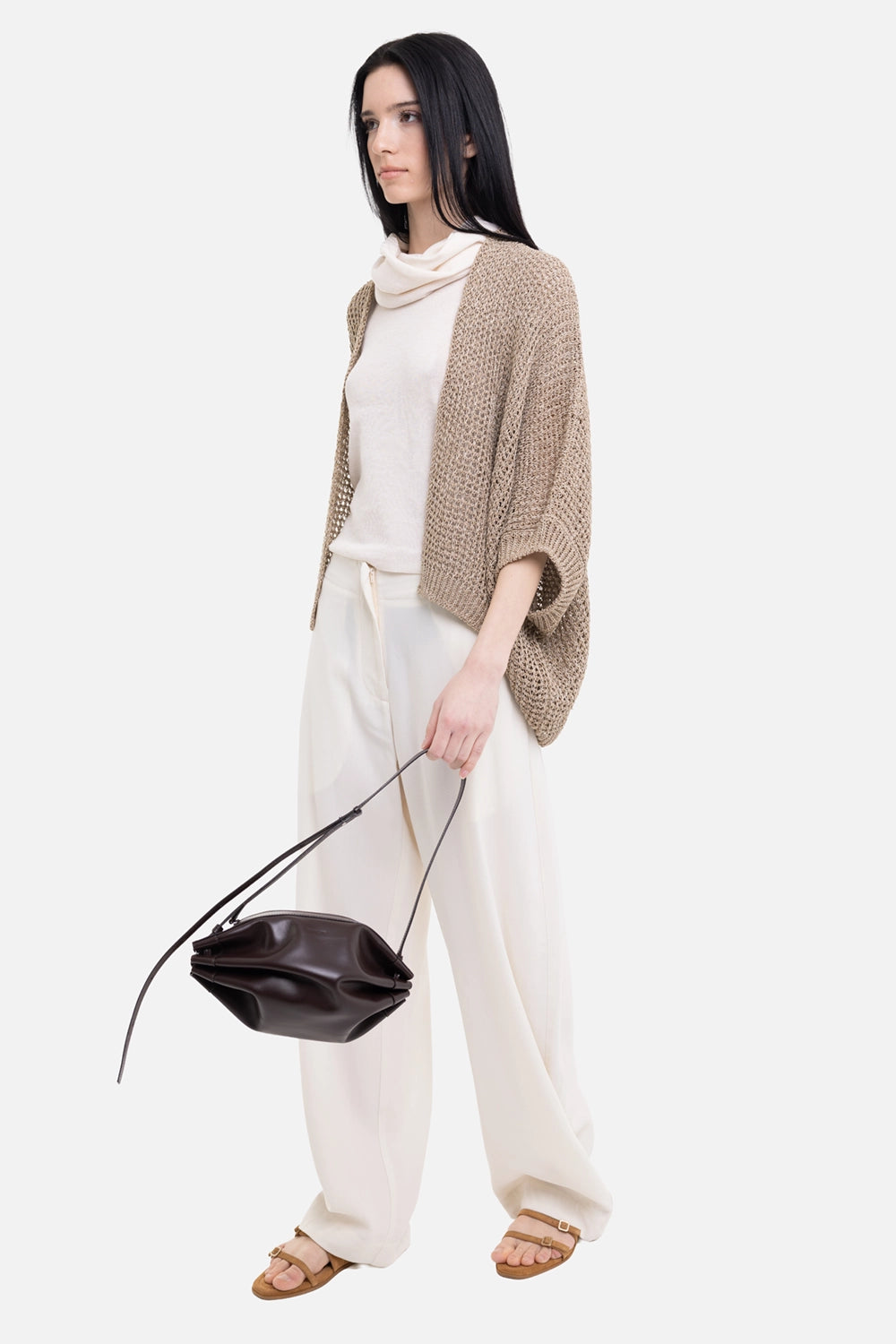 Gentry Portofino women's cardigan in corda, on-model full length, draped open front and shimmering mesh knit