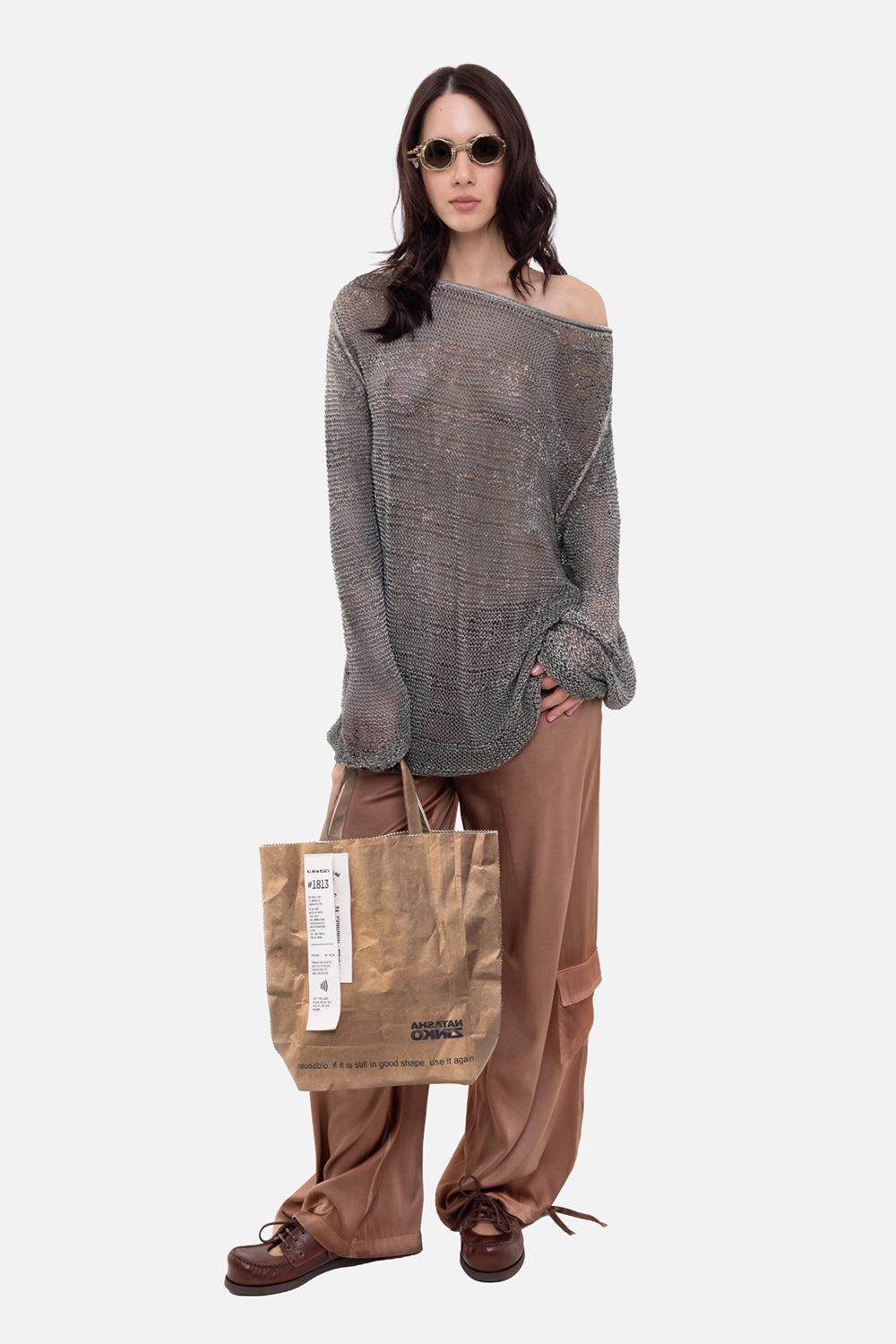 Gianluca Capannolo women's sweater in sand, on-model full length, relaxed sheer knit with extra-long sleeves
