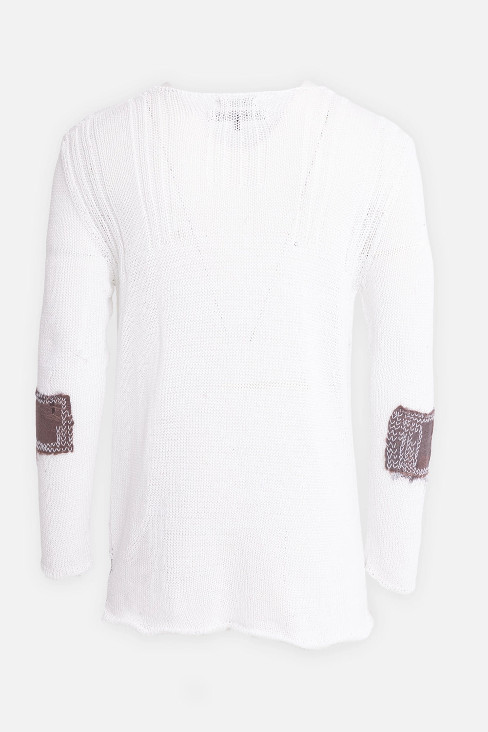 Vuscichè men's sweater in white, back view, open knit back with brown elbow patches and wavy hem