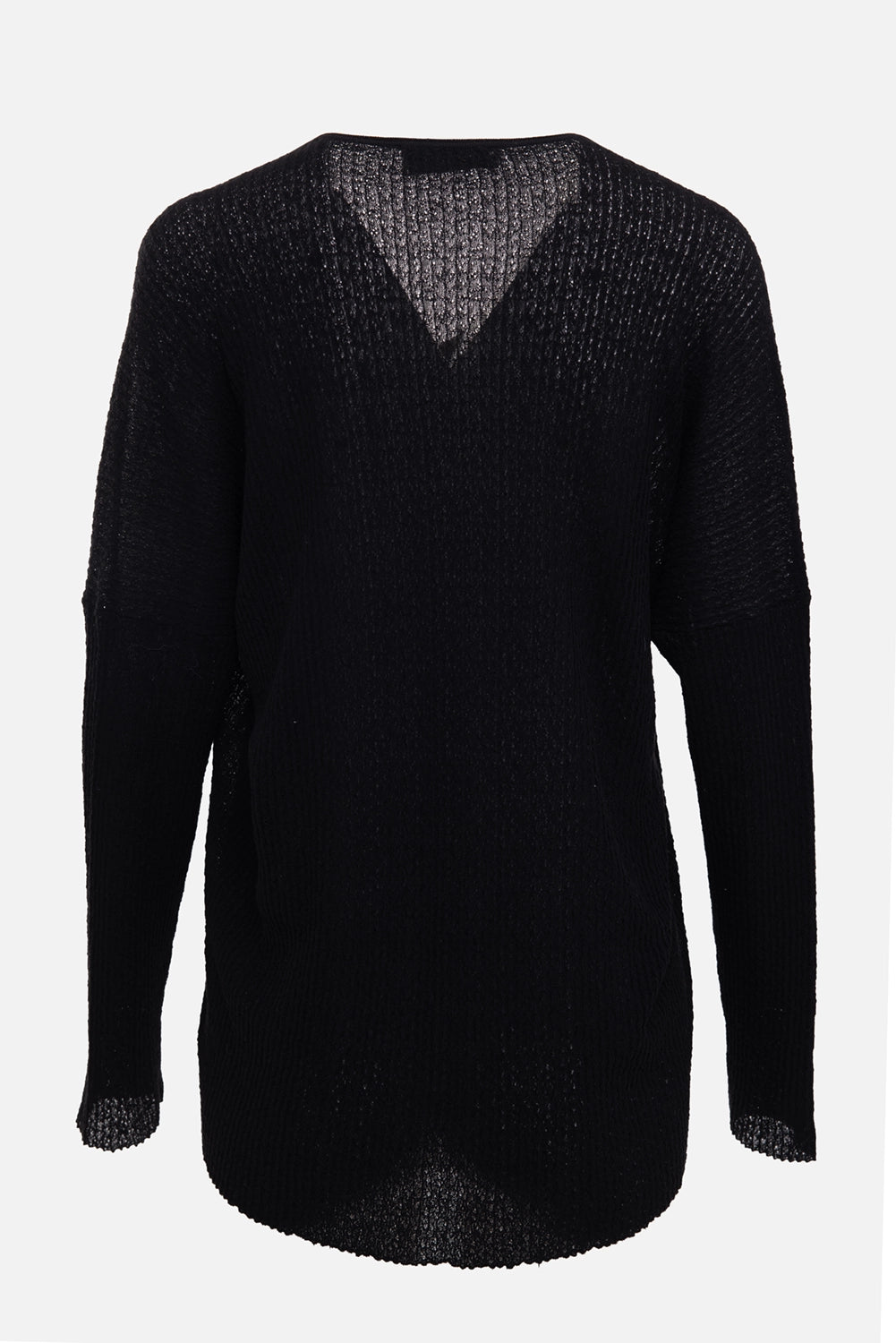 Gentry Portofino women's sweater in black, back view, sheer open knit with longer curved hem