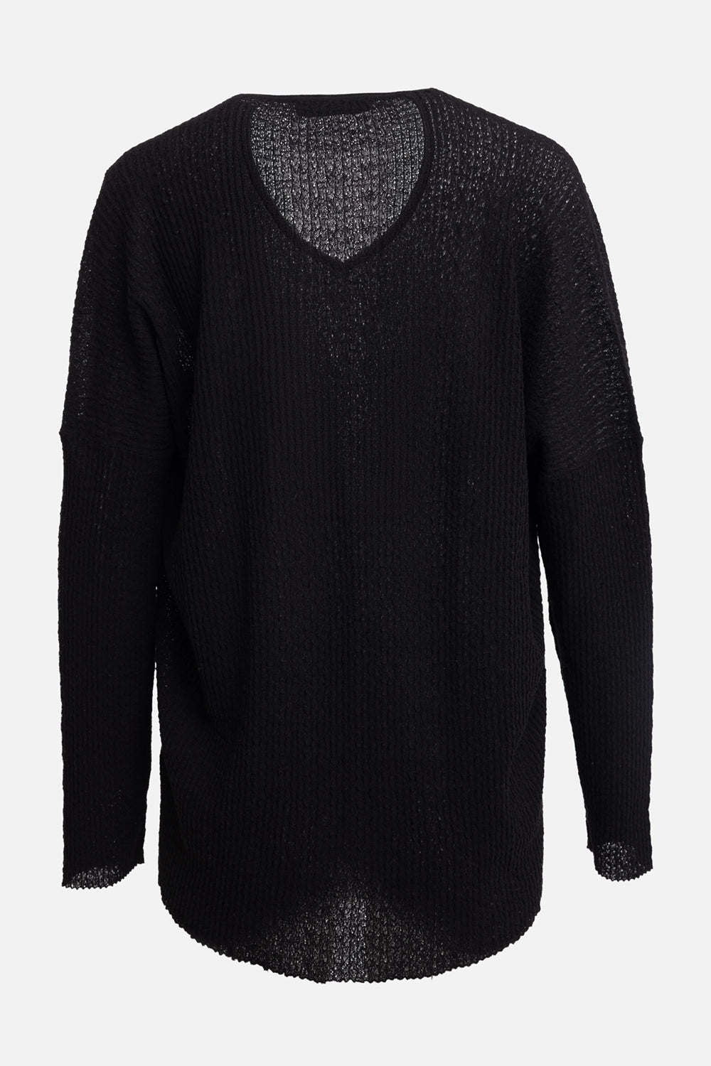 Gentry Portofino women's V-neck knit top in nero, back view, longer curved hem and sheer ribbed knit