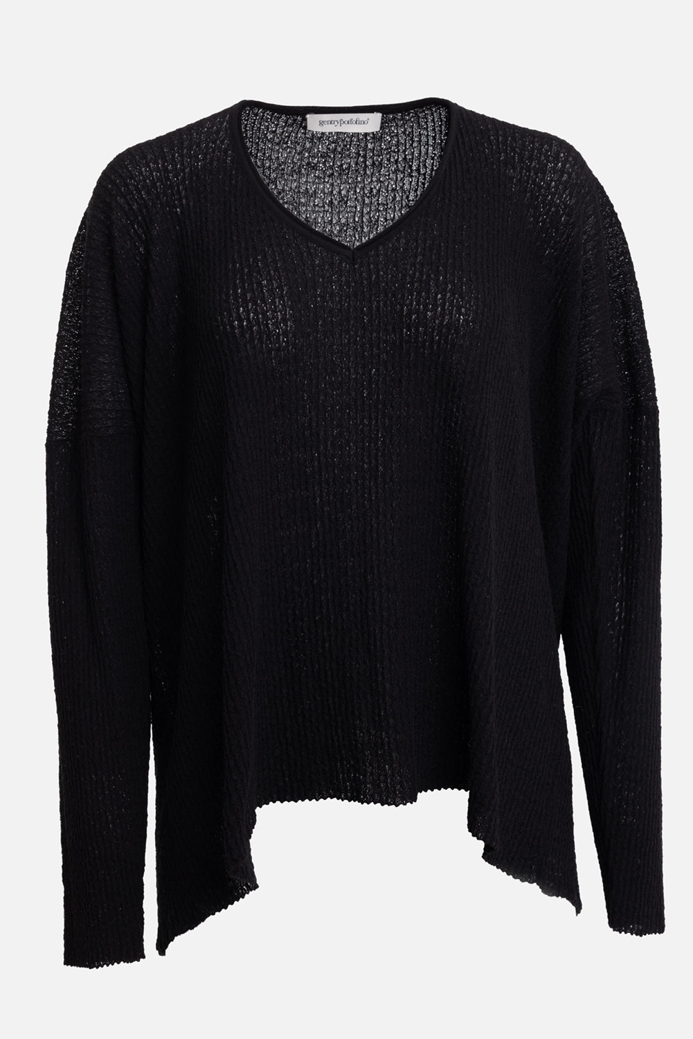 Gentry Portofino women's V-neck knit top in nero, front view, sheer ribbed texture and dropped shoulders