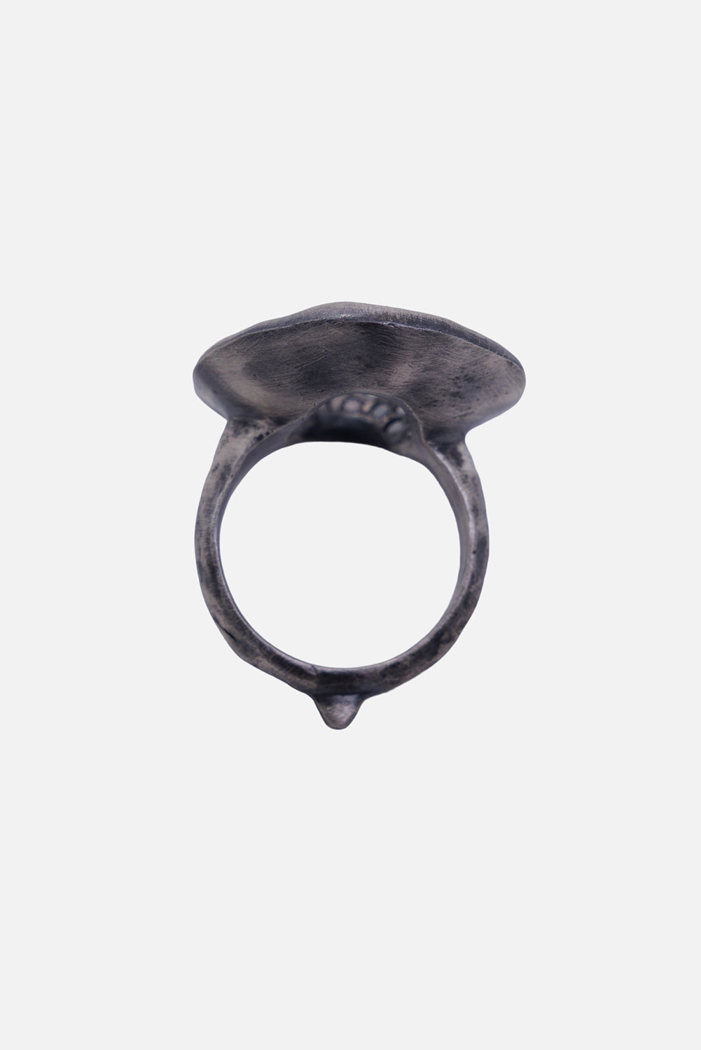 Kundo unisex open oval ring in blackened silver-tone, back view with a solid plate and rounded band