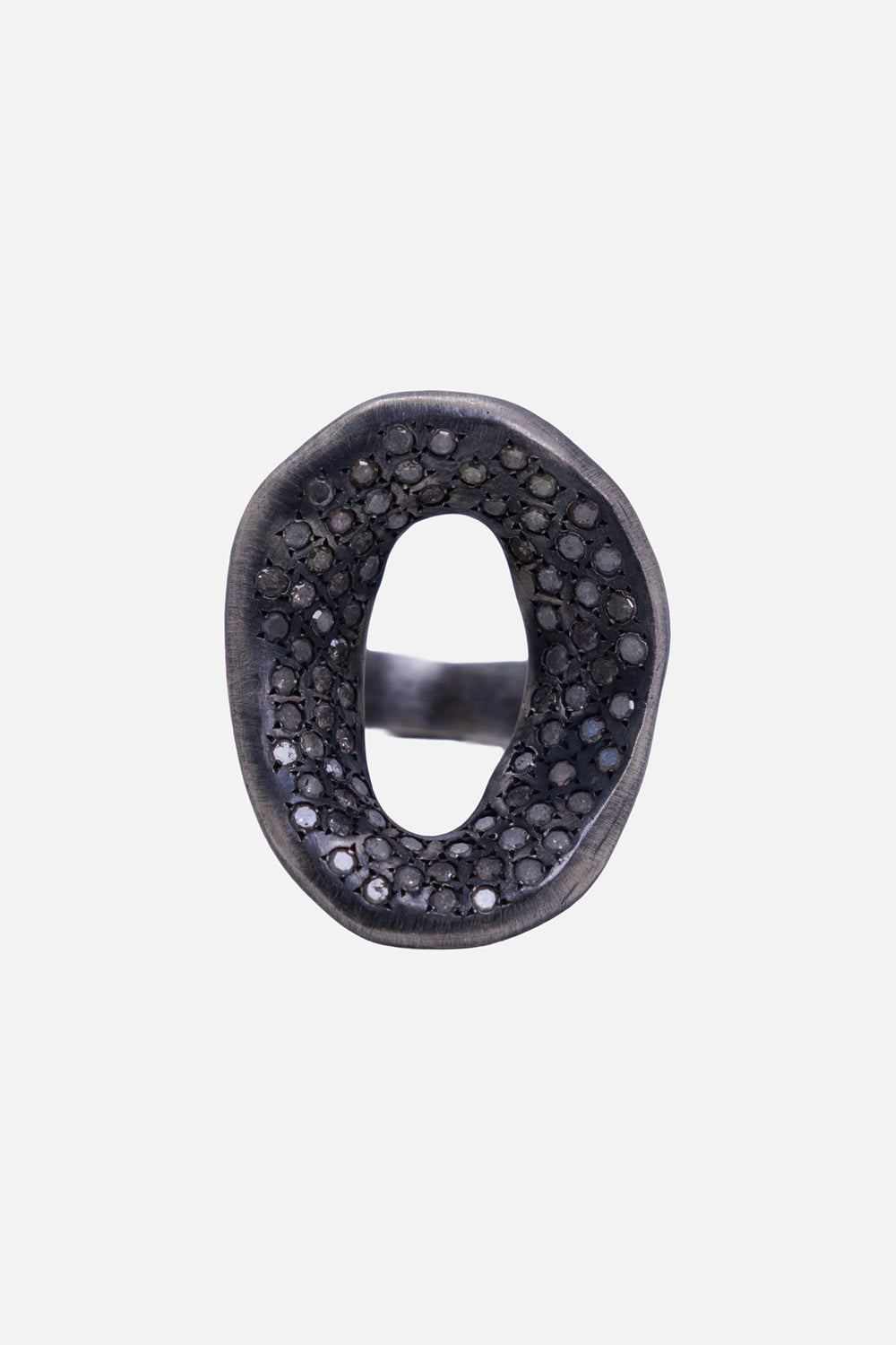 Kundo unisex open oval ring in blackened silver-tone, front view with clustered stones and central cut-out
