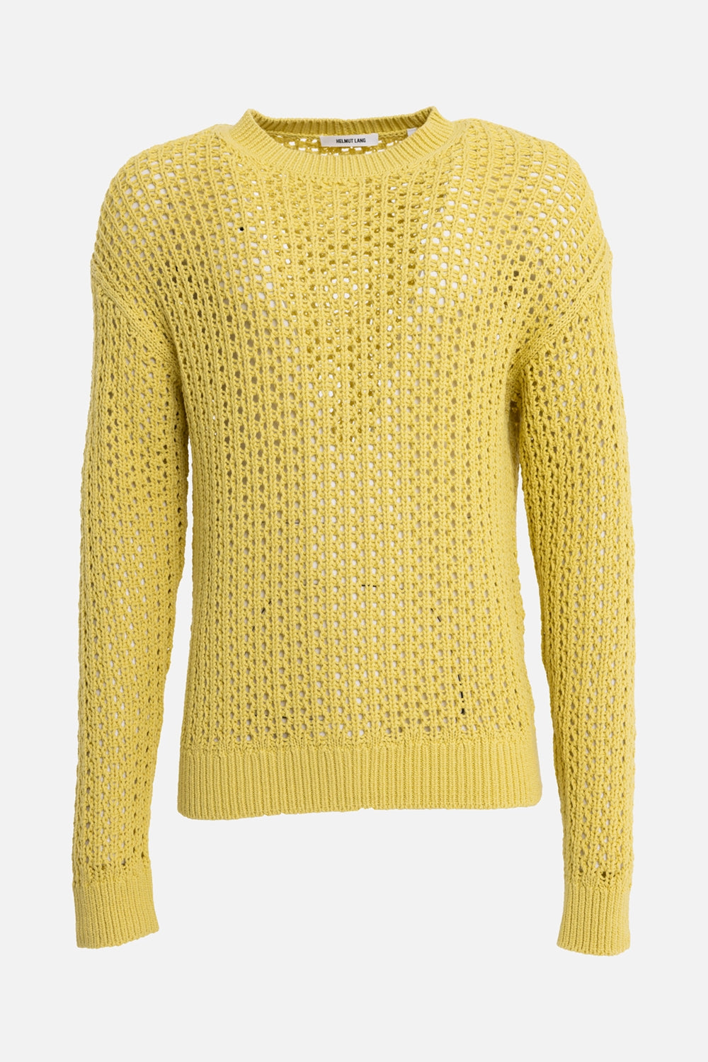 Helmut Lang men's crewneck sweater in chartreuse, front view with open net stitch and ribbed hem