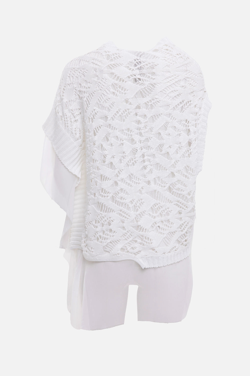 Gentry Portofino women's openwork layered top in white, back view, open lace knit with draped side layer