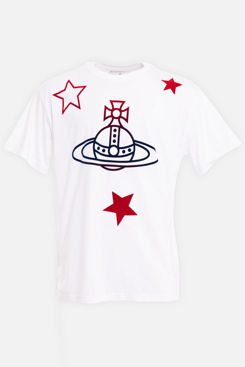 Vivienne Westwood unisex T-shirt in white, front view, oversized orb motif with red stars