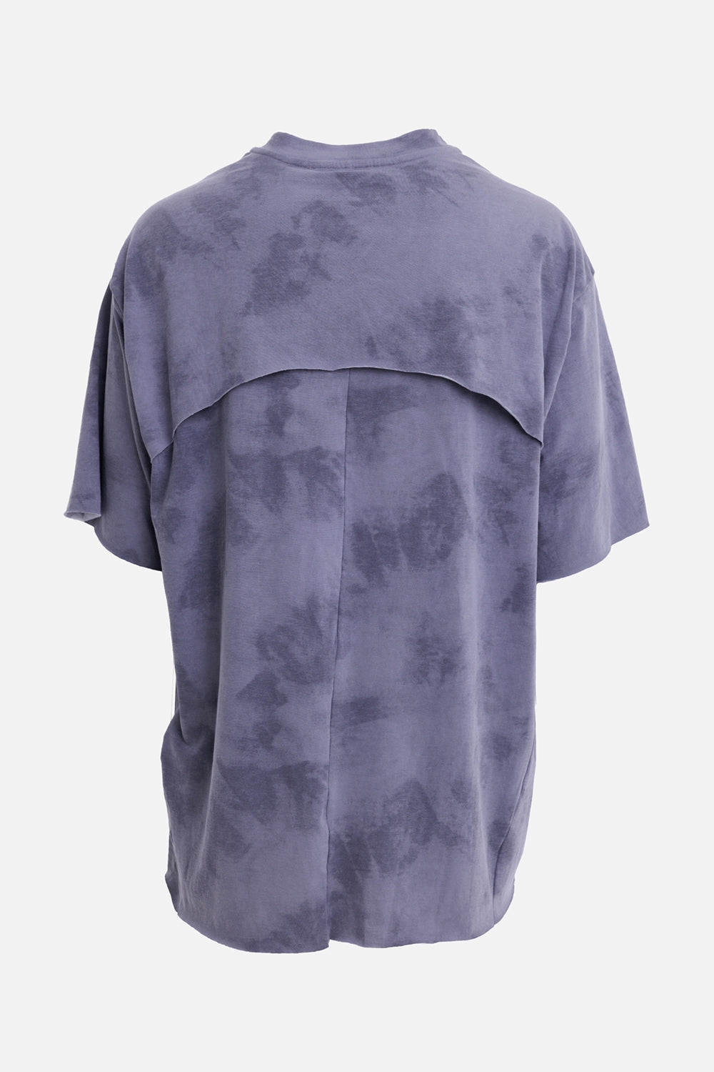 Justin Gall men's over base T-shirt in blotch grey, back view with layered storm flap yoke